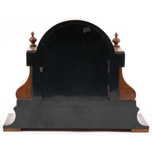 590 - 19th century French walnut and ebonised mantle clock with visible Brocot escapement having circular ... 