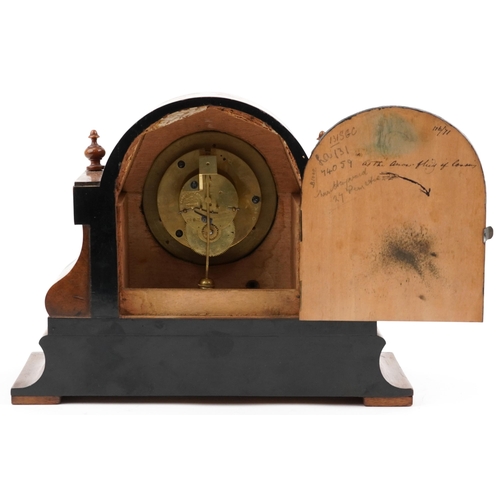 590 - 19th century French walnut and ebonised mantle clock with visible Brocot escapement having circular ... 