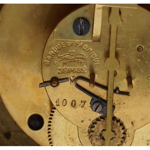 590 - 19th century French walnut and ebonised mantle clock with visible Brocot escapement having circular ... 