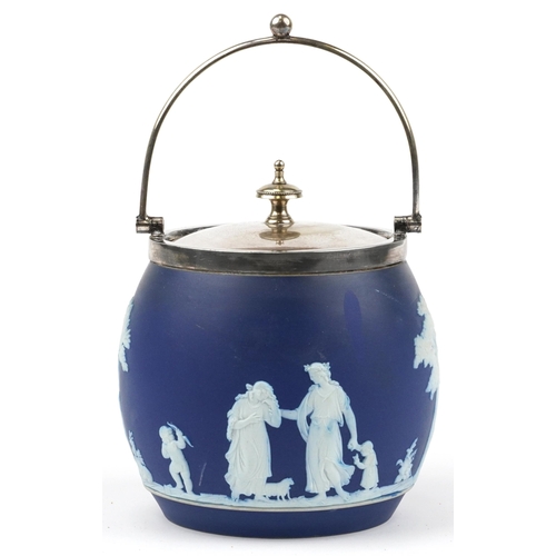 1448 - Wedgwood Jasperware biscuit barrel and cover with silver plated mounts, 16cm high including the swin... 