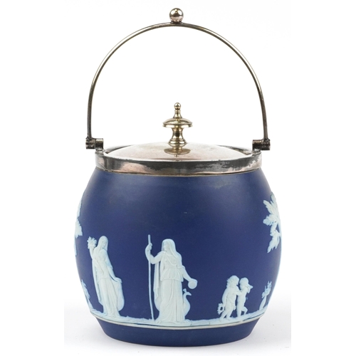 1448 - Wedgwood Jasperware biscuit barrel and cover with silver plated mounts, 16cm high including the swin... 