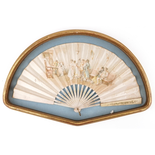 1469 - 19th century European silk and cream painted brisee fan housed in a gilt frame, overall 61cm wide