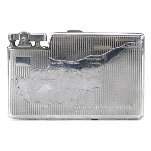 1280 - Vintage cigarette case lighter engraved with a map of Cyprus, 13cm wide