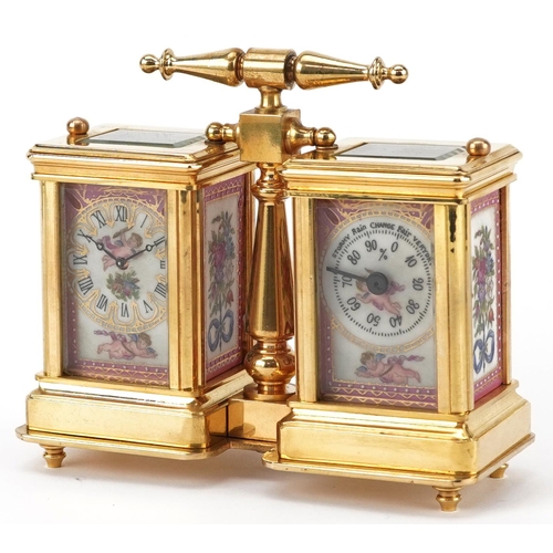 76 - French brass cased clock barometer timepiece having Sevres type porcelain panels decorated with Putt... 