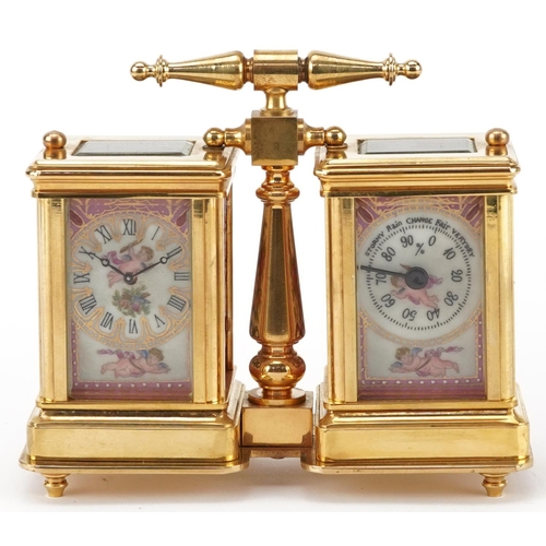 76 - French brass cased clock barometer timepiece having Sevres type porcelain panels decorated with Putt... 