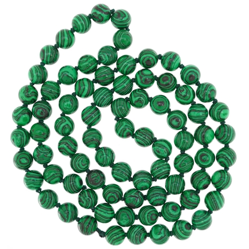 2770 - Polished malachite coloured bead necklace, 90cm in length, 94.0g