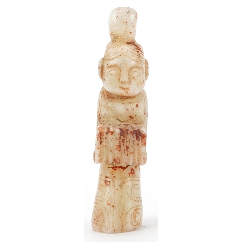 1523 - Chinese russet and white jade carving of a young female, 10.5cm high