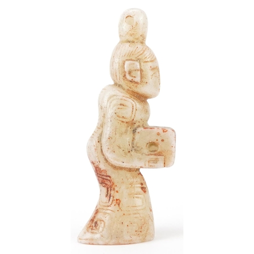 1523 - Chinese russet and white jade carving of a young female, 10.5cm high