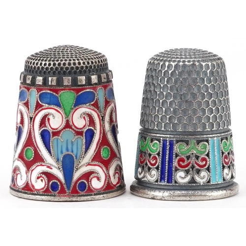 122 - Two silver champleve enamel thimbles, impressed Russian marks to each, each 2.3cm high, total 19.8g