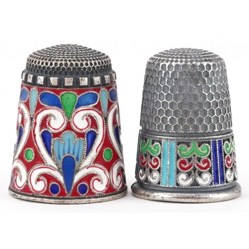 122 - Two silver champleve enamel thimbles, impressed Russian marks to each, each 2.3cm high, total 19.8g