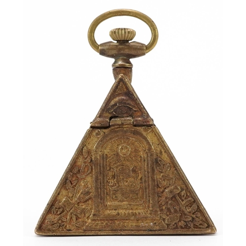 2786 - Masonic interest brass triangular pocket watch, 6cm high