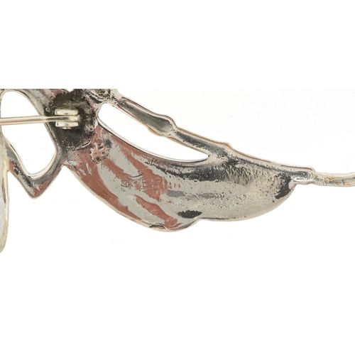 2774 - Egyptian Revival sterling silver brooch with amber coloured drop, 10.5cm wide, 20.2g