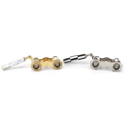 1262 - Two pairs of opera glasses including brass pair with mother of pearl, each 10cm wide