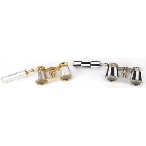 1262 - Two pairs of opera glasses including brass pair with mother of pearl, each 10cm wide