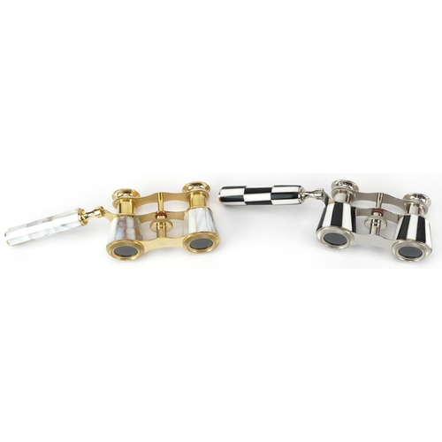 1262 - Two pairs of opera glasses including brass pair with mother of pearl, each 10cm wide