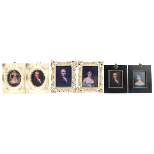 1569 - Three pairs of portrait miniatures including a pair housed in ebonised frames, the largest overall e... 