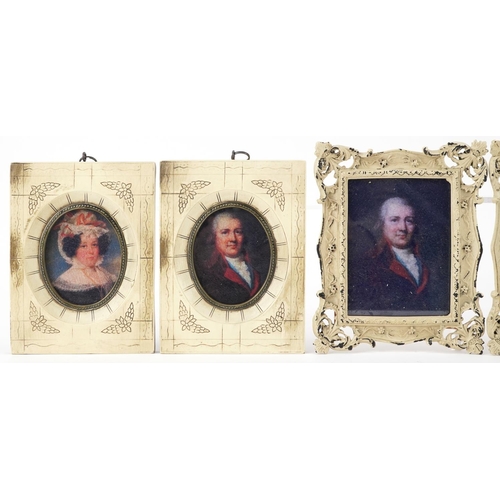 1569 - Three pairs of portrait miniatures including a pair housed in ebonised frames, the largest overall e... 