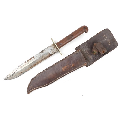 1904 - Military interest Bowie knife with leather sheath, 30.5cm in length