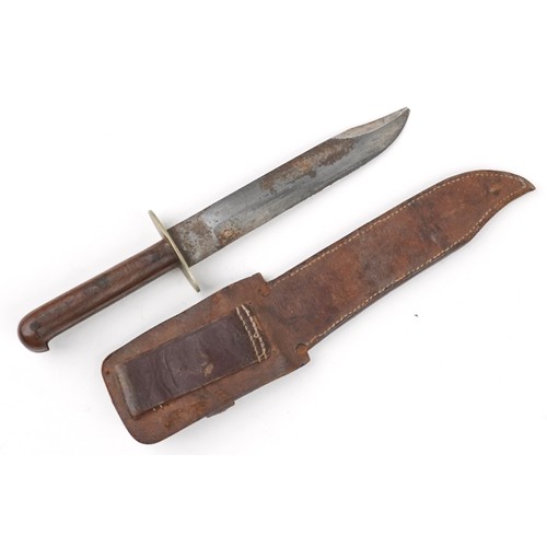 1904 - Military interest Bowie knife with leather sheath, 30.5cm in length