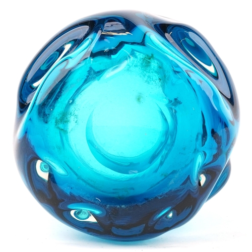 585 - Geoffrey Baxter for Whitefriars, knobbly glass vase in kingfisher blue, 22.5cm high