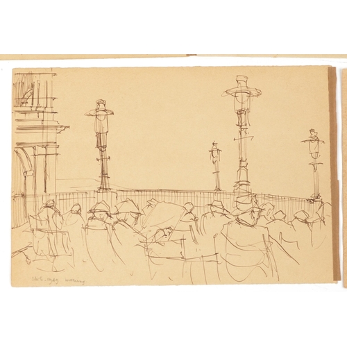 157 - Attributed to Laurence Stephen Lowry - Figures and trees, Five ink sketches onto sketch book leaves,... 