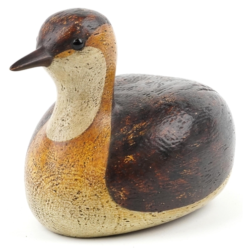 John Searle carved wood polychrome painted duck decoy, inset brass plaque to the base, dated 2011, 17cm in length