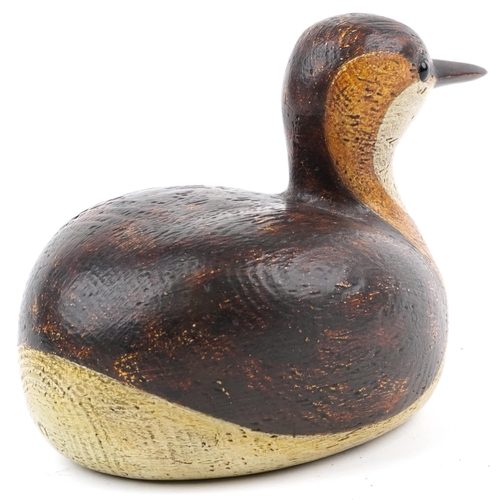 530 - John Searle carved wood polychrome painted duck decoy, inset brass plaque to the base, dated 2011, 1... 