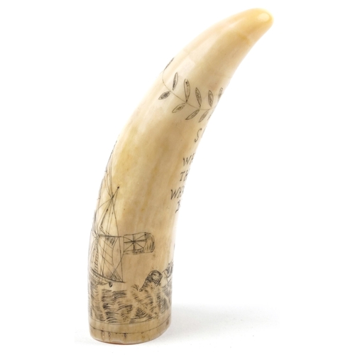 376 - Antique sailor's scrimshaw whale's tooth engraved with whalers beside a rigged ship inscribed South ... 