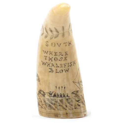 376 - Antique sailor's scrimshaw whale's tooth engraved with whalers beside a rigged ship inscribed South ... 