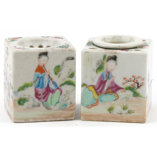 429 - Pair of Chinese square section porcelain desk items hand painted in the famille rose palette with fi... 