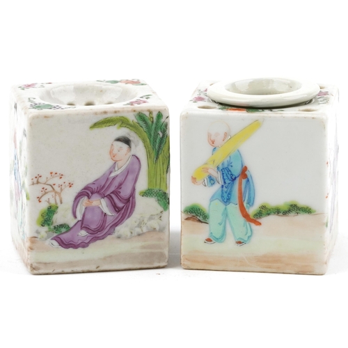 429 - Pair of Chinese square section porcelain desk items hand painted in the famille rose palette with fi... 