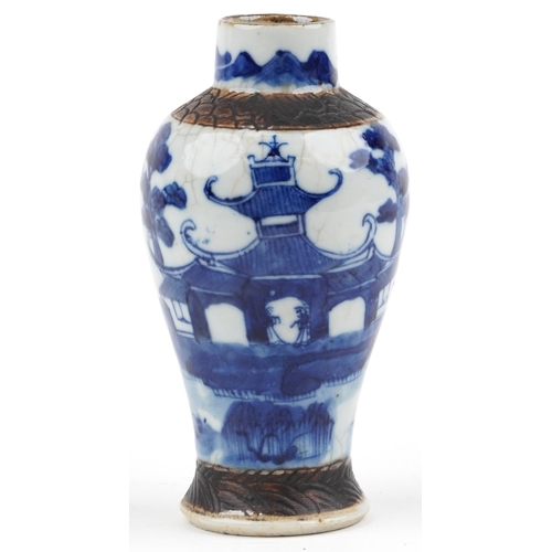 1479 - Chinese blue and white crackle glazed porcelain baluster vase hand painted with figures beside water... 