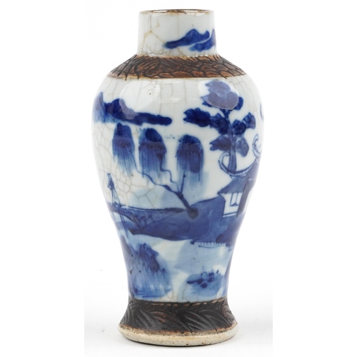 1479 - Chinese blue and white crackle glazed porcelain baluster vase hand painted with figures beside water... 