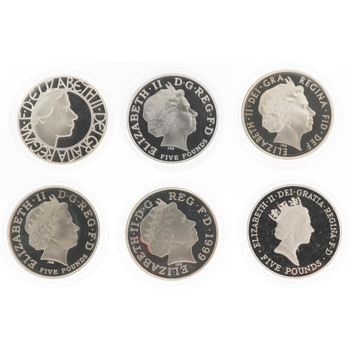 2176 - Six United Kingdom silver proof five pound coins, two with certificates, including examples commemor... 