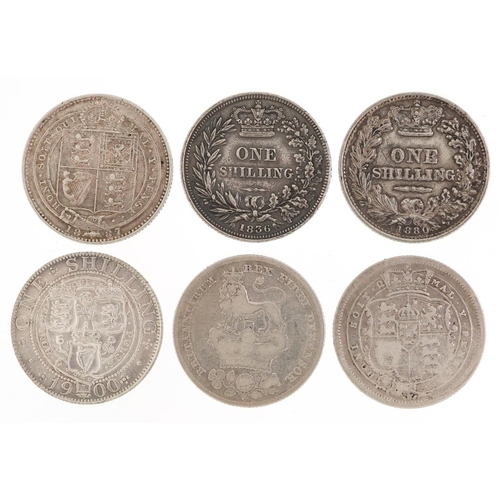 2072 - Six George III and later silver shillings, comprising dates 1816, 1826, 1836, 1880, 1887 and 1900, 3... 