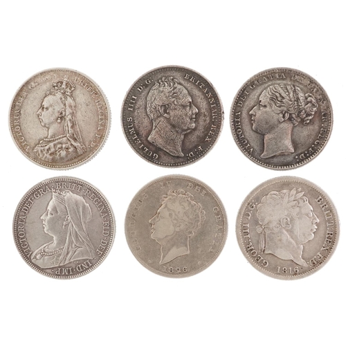 2072 - Six George III and later silver shillings, comprising dates 1816, 1826, 1836, 1880, 1887 and 1900, 3... 