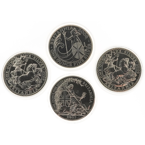 2169 - Four Elizabeth II Britannia one ounce fine silver two pounds comprising dates 2007, 2008 and two 200... 