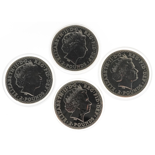 2169 - Four Elizabeth II Britannia one ounce fine silver two pounds comprising dates 2007, 2008 and two 200... 