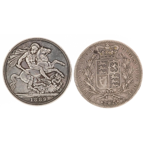 2076 - Two Victorian silver crowns comprising dates 1845 and 1889, 56g