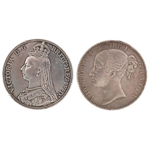 2076 - Two Victorian silver crowns comprising dates 1845 and 1889, 56g