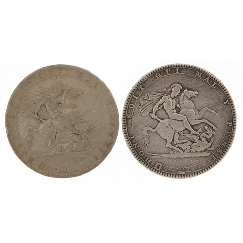 2067 - Two George III 1819 silver crowns, 55g