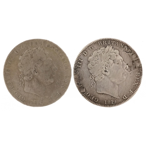 2067 - Two George III 1819 silver crowns, 55g