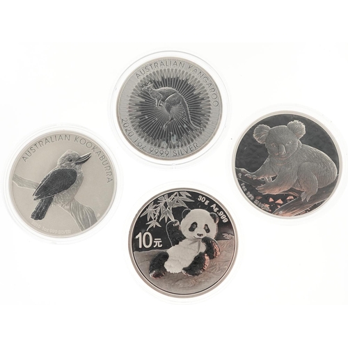 2174 - Four continental one ounce fine silver coins comprising three Australian Kookaburras and a 2020 Chin... 