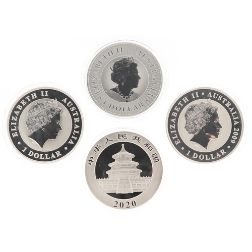 2174 - Four continental one ounce fine silver coins comprising three Australian Kookaburras and a 2020 Chin... 