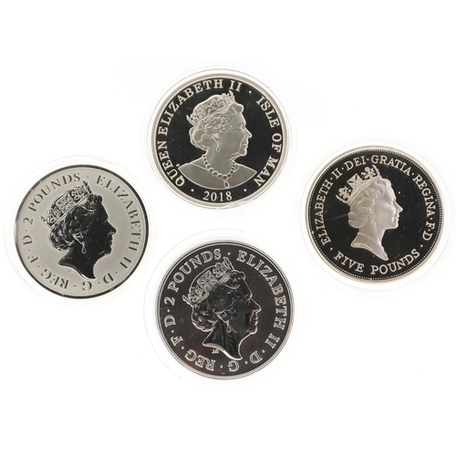 2175 - Four silver proof coins comprising 2018 Isle of Man one ounce Angel, 2020 one ounce St George and th... 