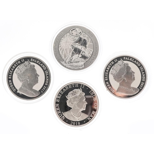 2173 - Four one ounce silver proof coins including two Britannia crowns and Republic of Rwanda example comm... 