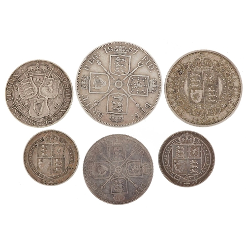 2082 - Victorian silver coinage comprising 1887 double florin, half crown, florin, shilling and six pence a... 