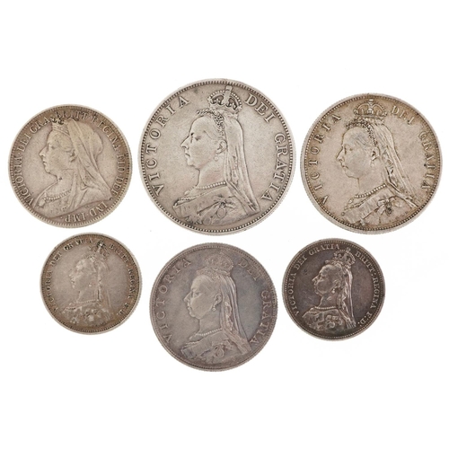 2082 - Victorian silver coinage comprising 1887 double florin, half crown, florin, shilling and six pence a... 