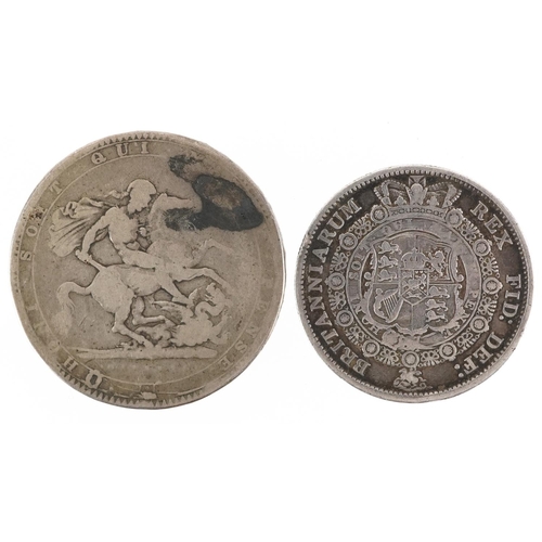 2066 - George III 1817 silver half crown and a George III silver crown, 41g