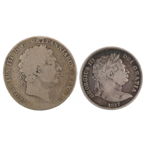 2066 - George III 1817 silver half crown and a George III silver crown, 41g